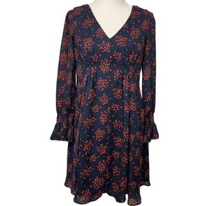 NEW Ann Taylor 4 Navy w/ Orange Floral V-Neck Long Sleeve Empire Waist Dress